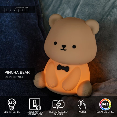 Lucide PINCHA BEAR - Lampe de table Rechargeable Chambres d'enfant - Batterie/Piles - LED 3 StepDim - 1x0,5W 2100K - Rvb - Brun | Essential - USP